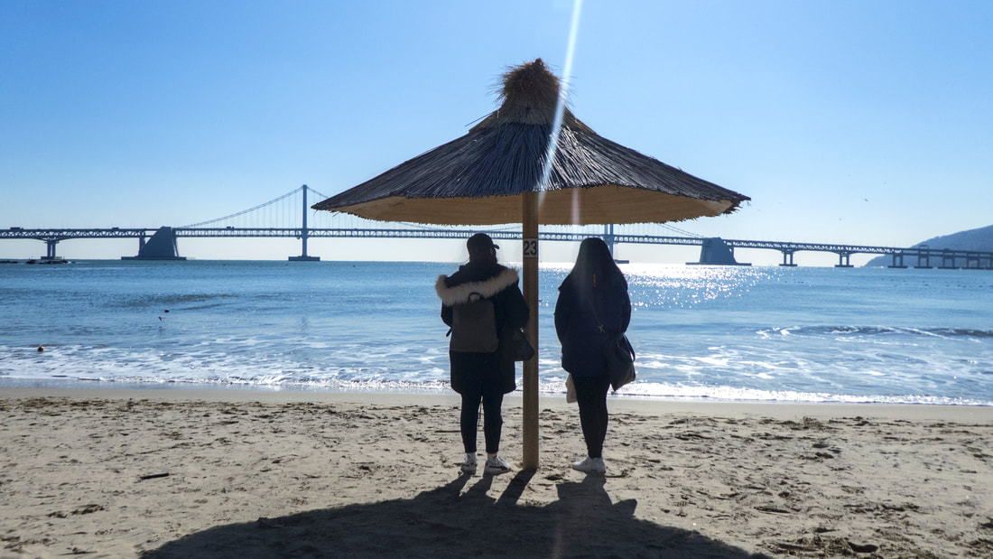 Seen from behind, two women dressed in hot coats under a parasol on Gwangalli Beach, facing the sea and a bridge on a sunny day, Pusan, South Korea.